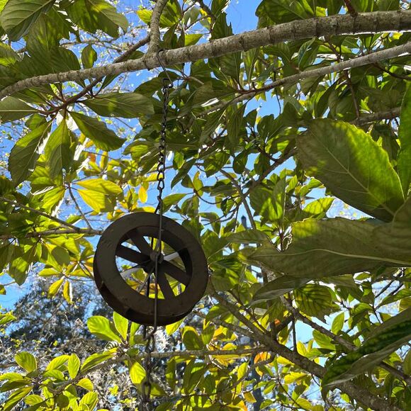 78-Inch Metal Rain Chain - 6 Water Wheels & Weighted Bell, Rustic Brown Finish - Picture 7 of 12